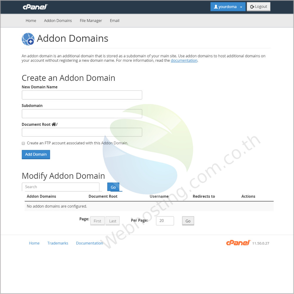 Addon domain -คุณสามารถกำหนด การใช้พื้นที่เว็บไซต์ (web hosting) ร่วมกันมากกว่า 1 โดเมน   ซึ่งอาจจะมากกว่าสองชื่อ ขึ้นอยู่กับระบบจัดการพื้นที่ (control panel) ของแต่ละผู้ให้บริการเว็บโฮสติ้ง