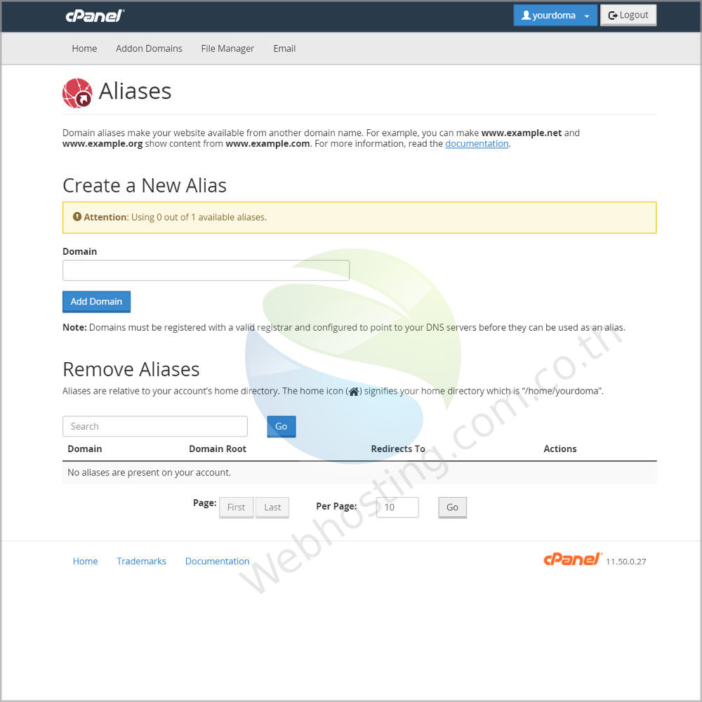 web hosting thai cpanel screen - ระบบจัดการเว็บโฮสติ้งด้วย Cpanel-aliases กำหนดนามแฝง หรือชื่อเล่นของโดเมนเนม