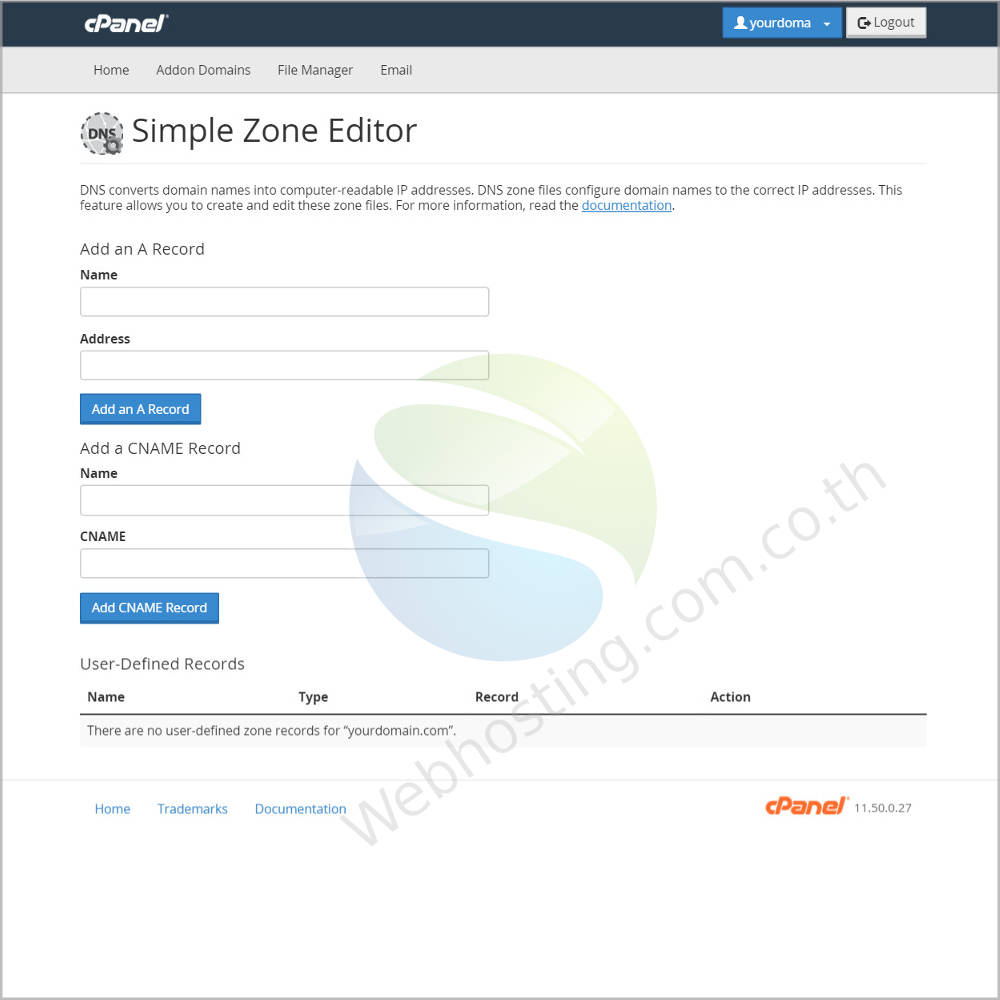 Cpanel web hosting แนะนำหน้าจอ cpanel screen - ระบบจัดการเว็บโฮสติ้งด้วย Cpanel - simple zone editor เป็นการแก้ไข DNS ZONE อย่างง่าย สามารถแก้ไข เพิ่มหรือลบ ได้ 2 ส่วน คือ A และ CNAME