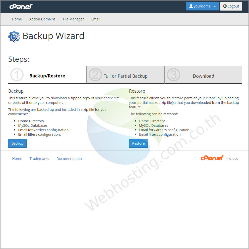 web hosting thai cpanel screen - ระบบจัดการเว็บโฮสติ้งด้วย Cpanel-Backup wizard เป็นส่วนช่วยในการสำรองข้อมูล ซึ่งมีทั้งการสำรองข้อมูลทั้งหมด และการสำรองข้อมูลเฉพาะส่วน