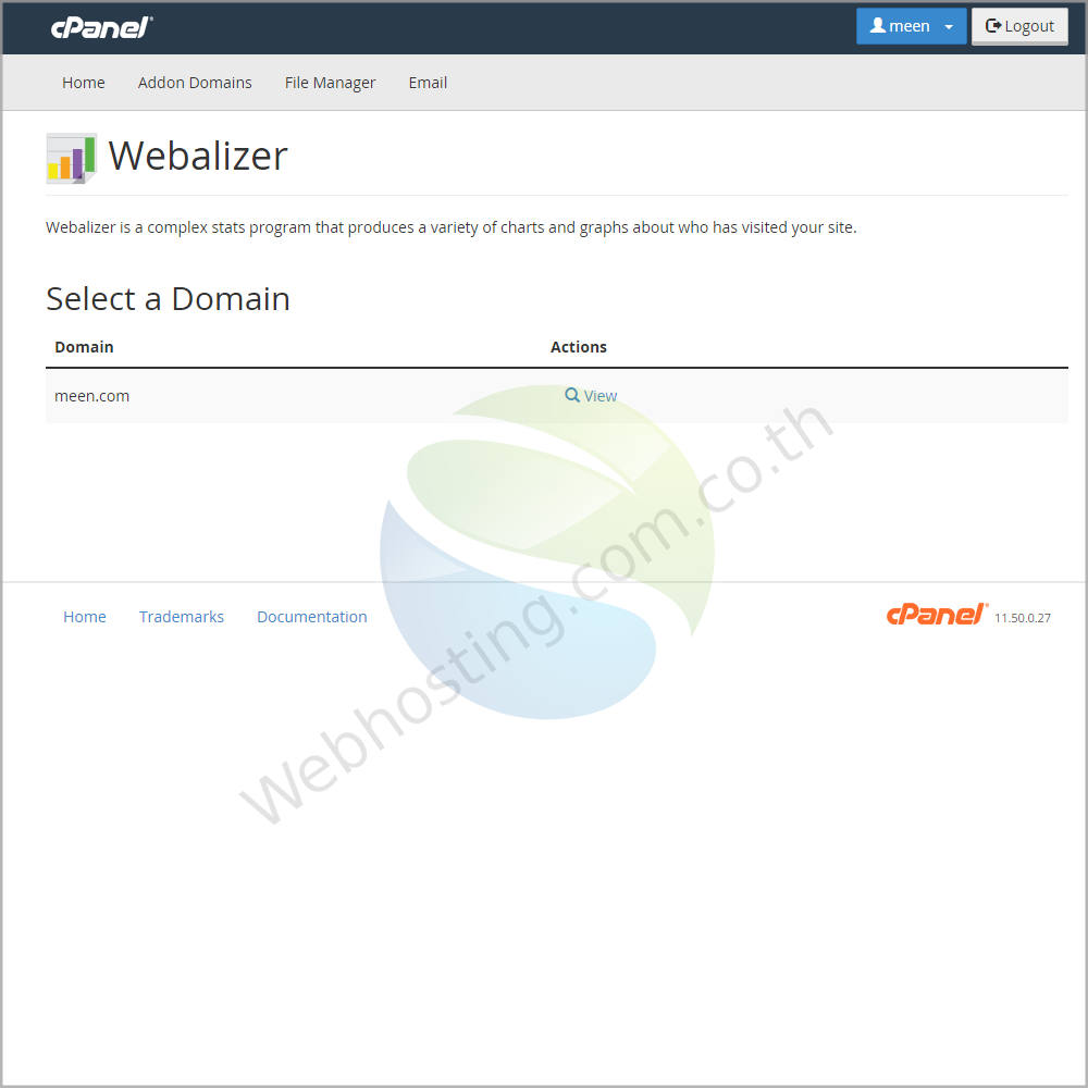 web hosting thai cpanel screen - ระบบจัดการเว็บโฮสติ้งด้วย Cpanel - Webalizer เป็นหน้าจอเป็นหน้าจอใช้สำหรับแสดงผลเกี่ยวกับ ผู้ที่ได้เข้าเยี่ยมชมเว็บไซต์ของคุณ  โดยแสดงในรูปแบบของแผนภูมิและกราฟ